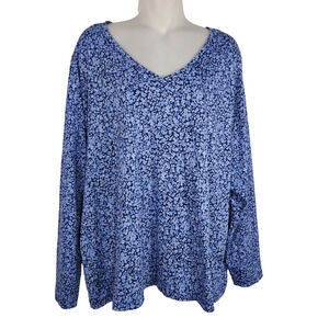 Lands End Womens Top 2X 20W/22W Blue Relaxed Fit Supima Cotton Tee V Neck Knit